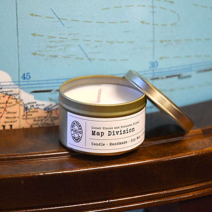 NYPL Map Division Travel Tin Candle - The New York Public Library Shop