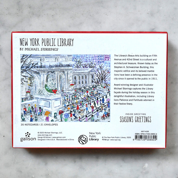 Box of New York Public Library notecards with illustration and text on a gray background
