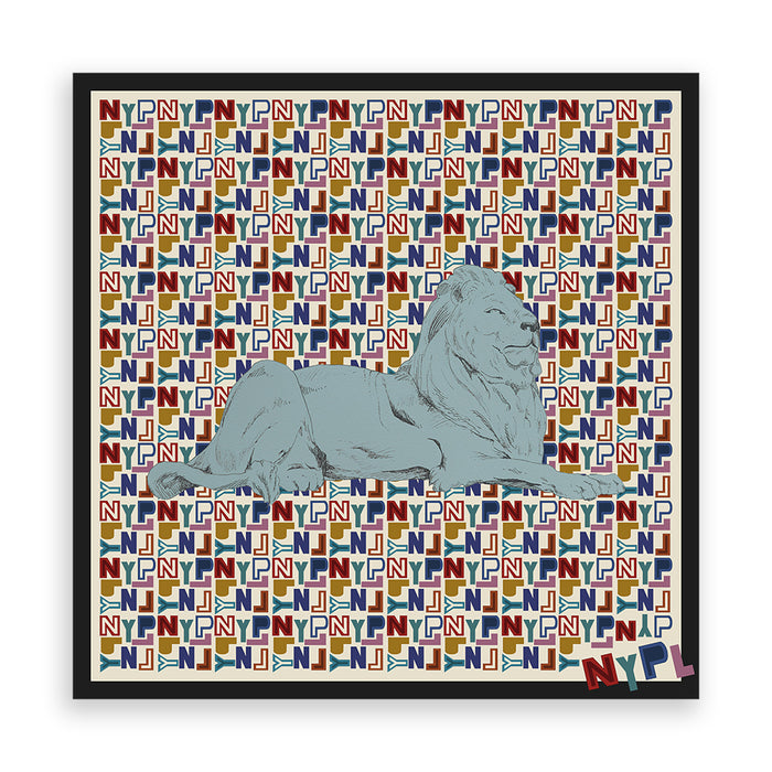 Square-shaped scarf with a lion sculpture in the center surrounded by a colorful 'NYPL' pattern.