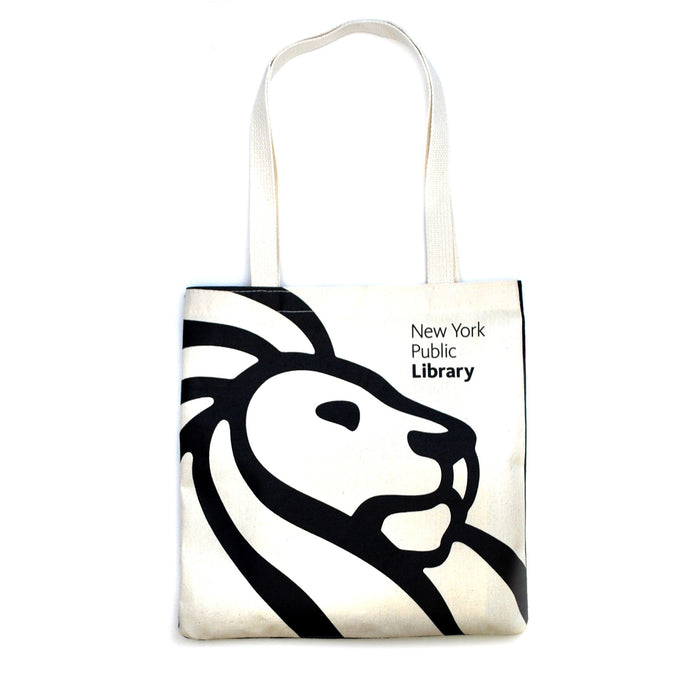Other side of the tote bag features the NYPL lion logo in black on the off-white tote.