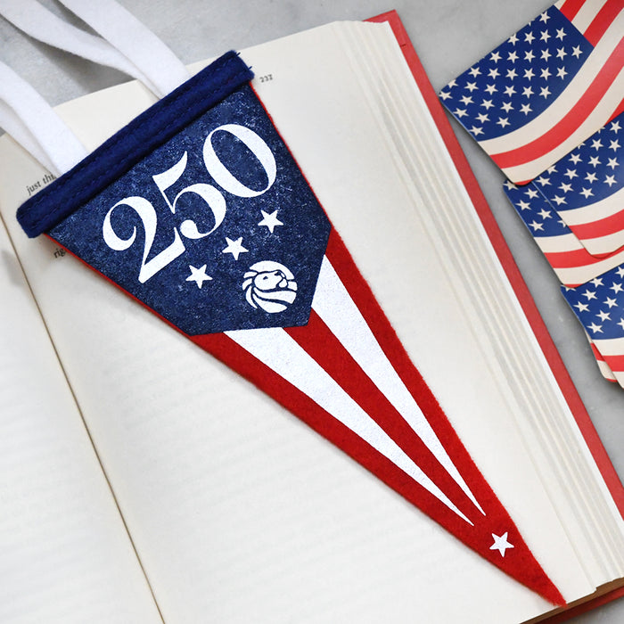 Decorative mini pennant with '250' and American flag design on an open book.