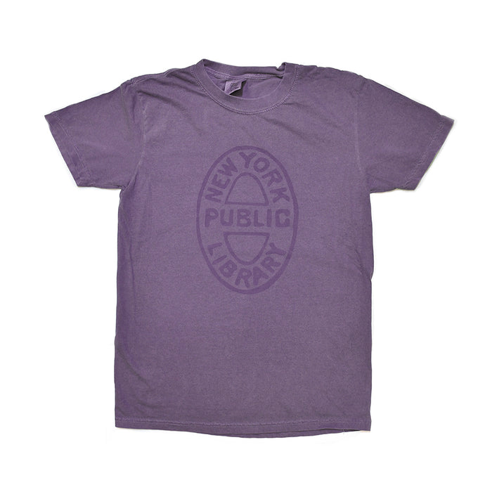 Purple shirt that features an oval NYPL bookbinding stamp.