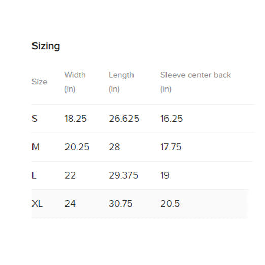 A sizing chart table, listing measurements in inches for sizes Small through Extra Large.