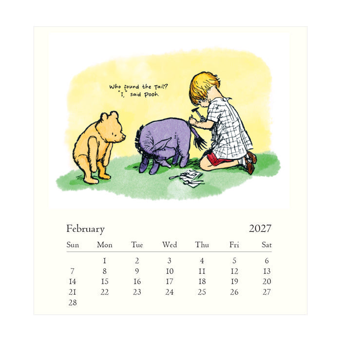 A printed calendar page for February 2027 featuring a Winnie the Pooh illustration with Pooh and Tigger on a yellow and green background, above a Sunday through Saturday date grid.
