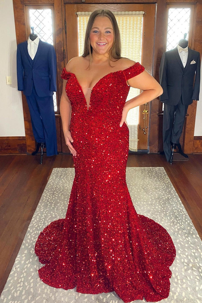 Off the Shoulder Royal blue Sequin Mermaid Long Prom Dress