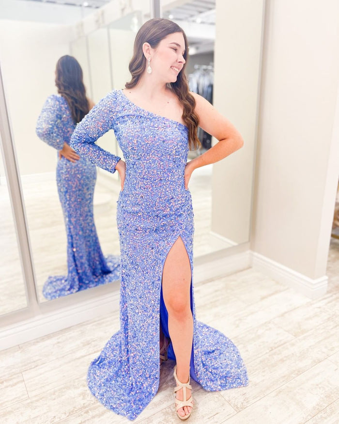 One Shoulder Long Sleeves Mermaid Long Party Dress