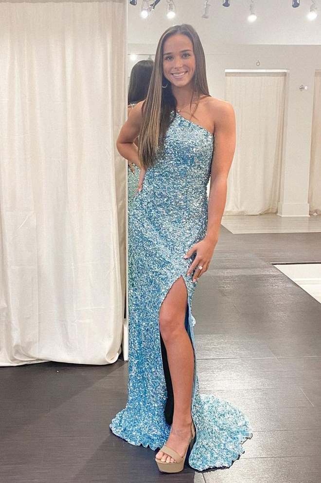 One Shoulder White Sequins Long Formal Gown