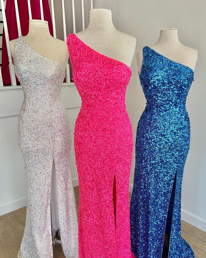 One Shoulder White Sequins Long Formal Gown