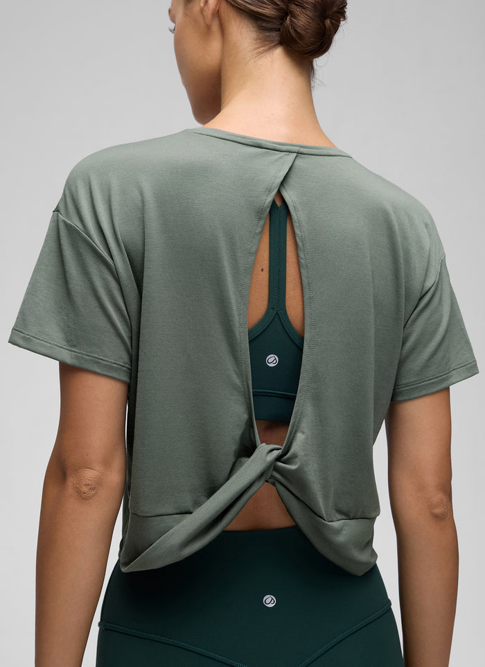 CRZ YOGA Women's Yoga Relaxed Fit Cropped Open Back Short Sleeves Grey Sage