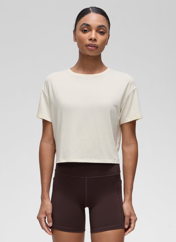 CRZ YOGA Women's Yoga Relaxed Fit Cropped Open Back Short Sleeves White Apricot