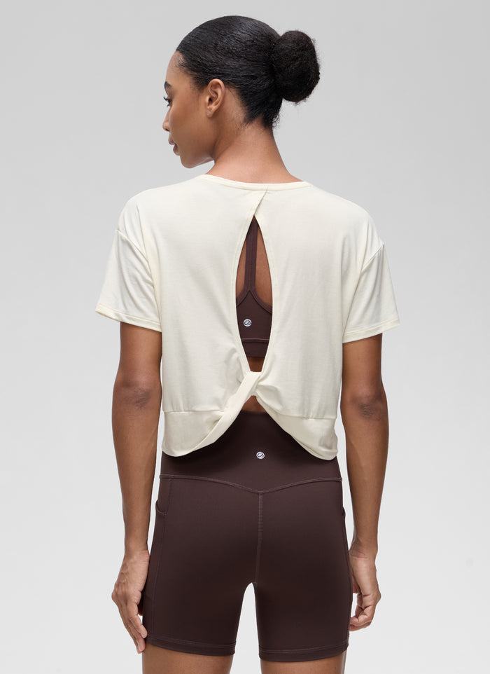 CRZ YOGA Women's Yoga Relaxed Fit Cropped Open Back Short Sleeves White Apricot