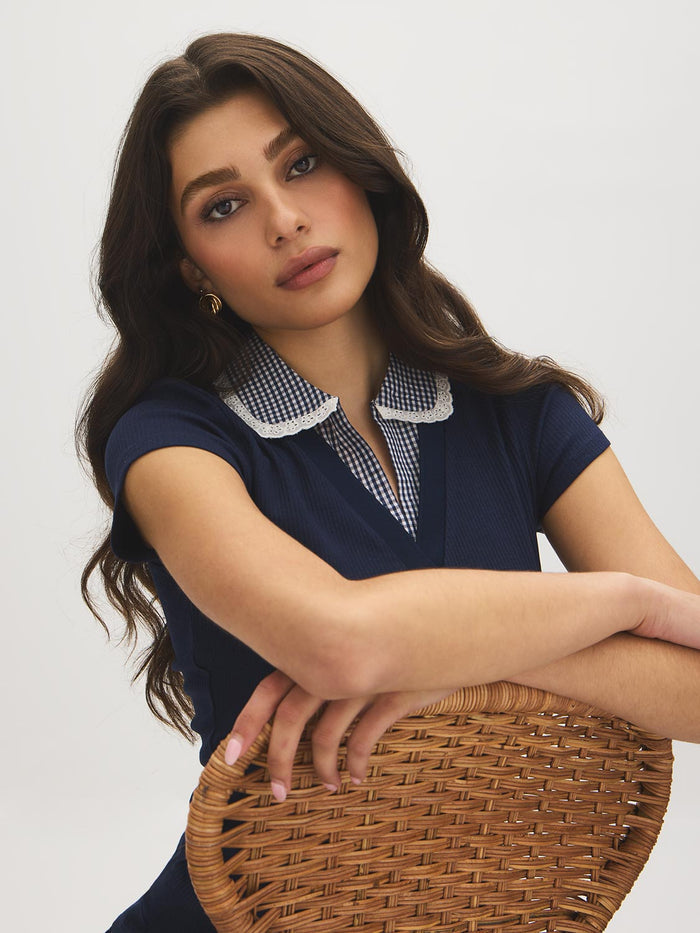 Naval Academy Ribbed 2fer Knit Top with Gingham Collar - Front View - Suzy Shier