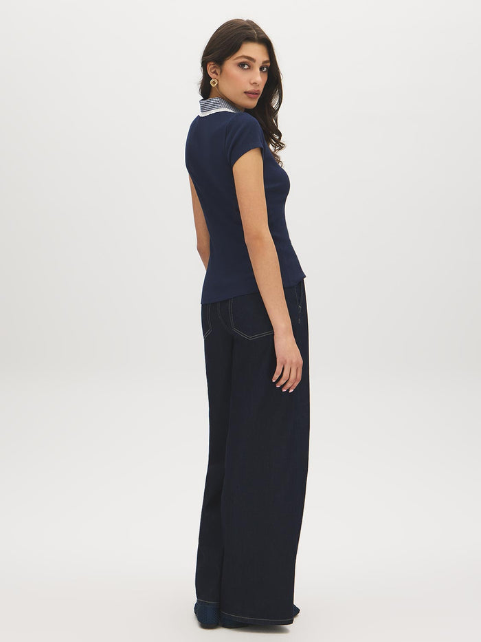 Naval Academy Ribbed 2fer Knit Top with Gingham Collar - Back View - Suzy Shier