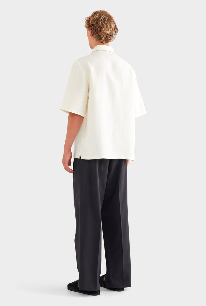 Oversized Silk Linen Short Sleeve Shirt - White/Beaded Heart