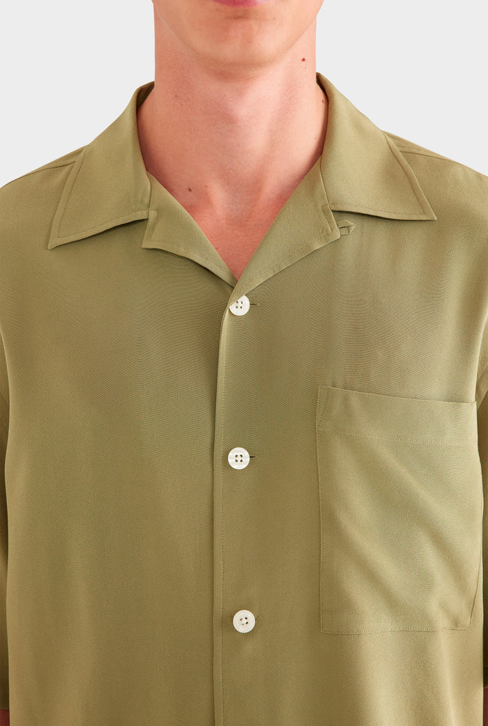 Oversized Silk Short Sleeve Shirt - Olive