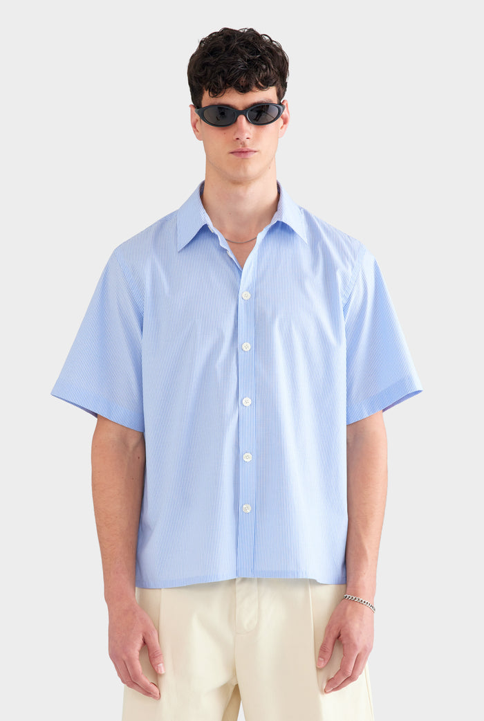 Oversized Stripe Short Sleeve Shirt - Blue/White Stripe