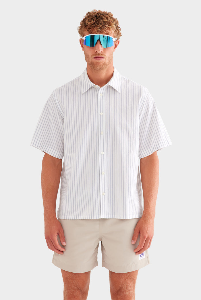 Oversized Stripe Short Sleeve Shirt - Off White/Navy Stripe