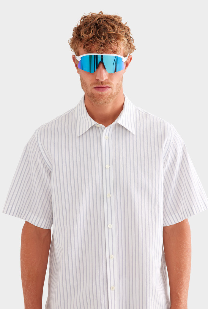 Oversized Stripe Short Sleeve Shirt - Off White/Navy Stripe