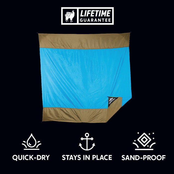 quick-dry, sand-proof, anchored lightweight beach sheet for sitting and keeping gear protected and dry. Lifetime Guarantee