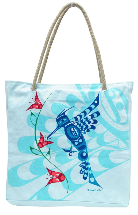 Peace Love and Happiness Cotton Eco-Bag featuring Indigenous bird artwork by Francis Dick.