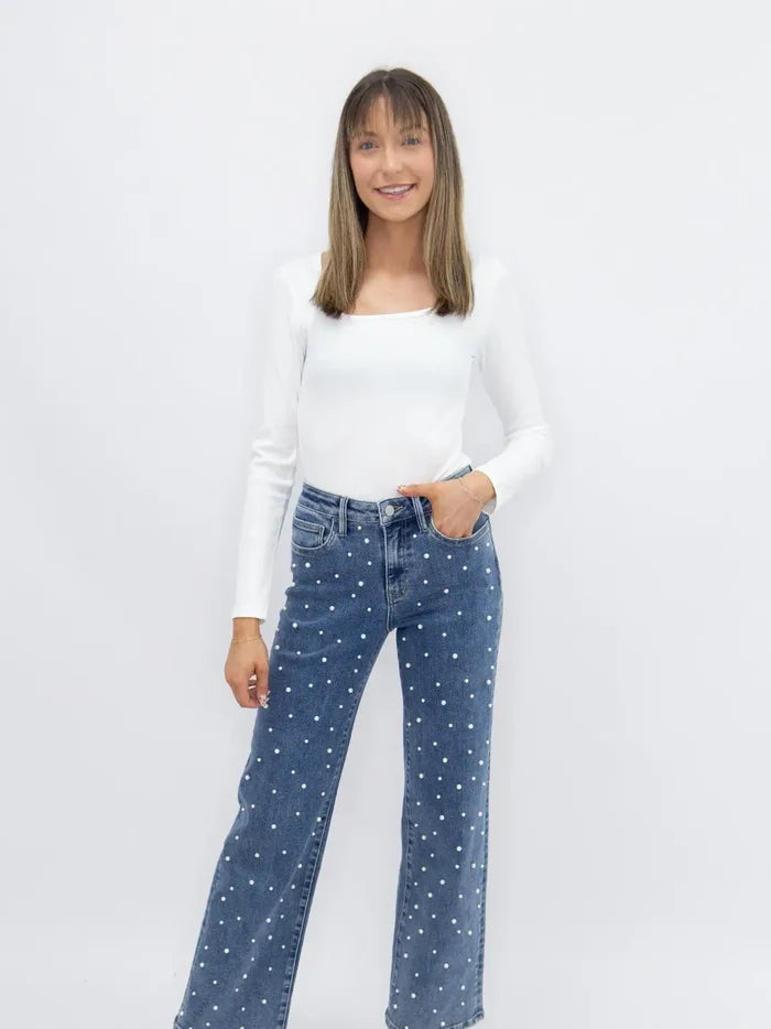 Pearls Stud Straight-Leg Jeans