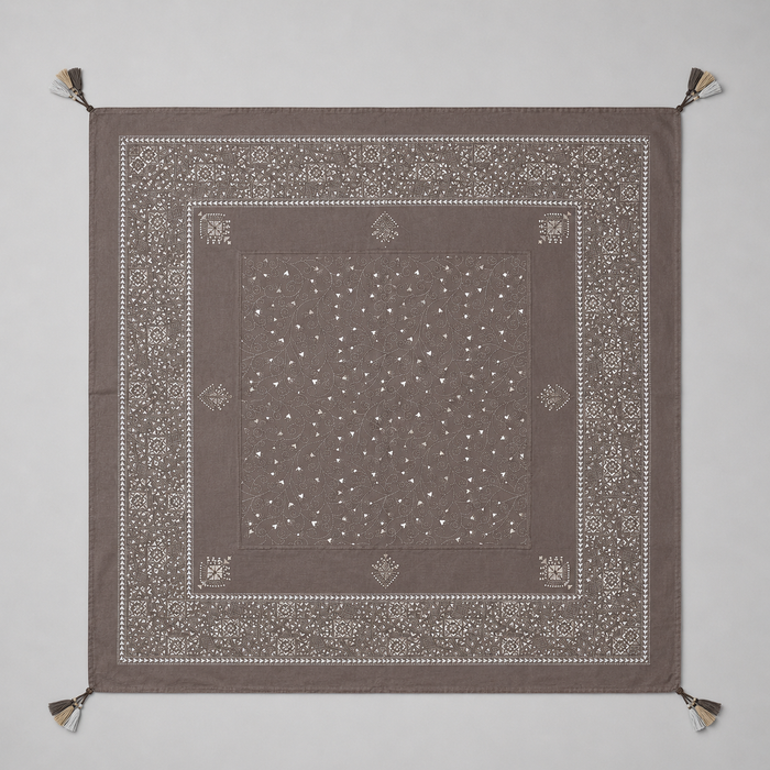 Pewter Block Print Brown Silk Scarf with Taslles