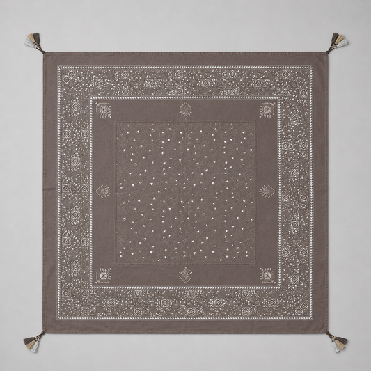 Pewter Block Print Brown Silk Scarf with Taslles