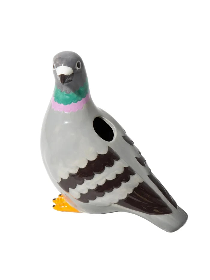 Pigeon-shaped ceramic vase on a white background