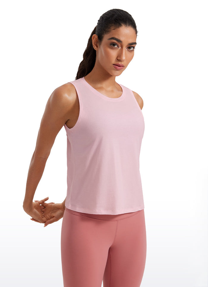 CRZ YOGA Women's Yoga Loose Fit Tops Pima Cotton Crop Tank Round Neck Strawberry Pink
