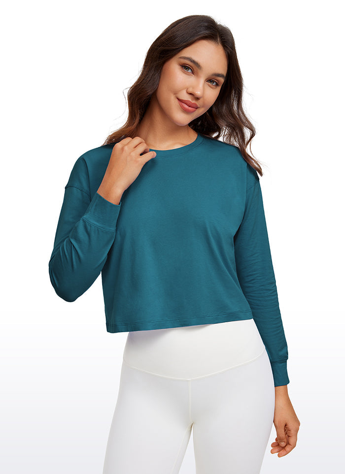 CRZ YOGA Women's Yoga Loose Fit Tops Pima Cotton Cropped Long Sleeve Tinsel Purple