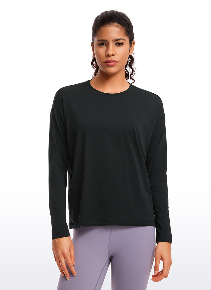 CRZ YOGA Women's Casual Loose Fit Pima Cotton Long Sleeves Crew Neck Black
