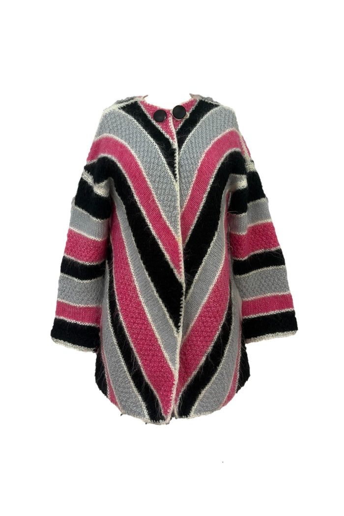 Pink Black & Grey button neck hand knitted swing cardigan