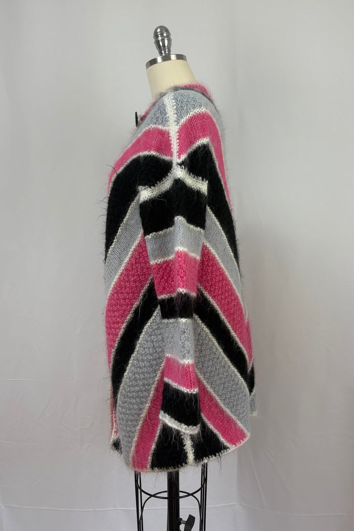 Pink Black & Grey button neck hand knitted swing cardigan