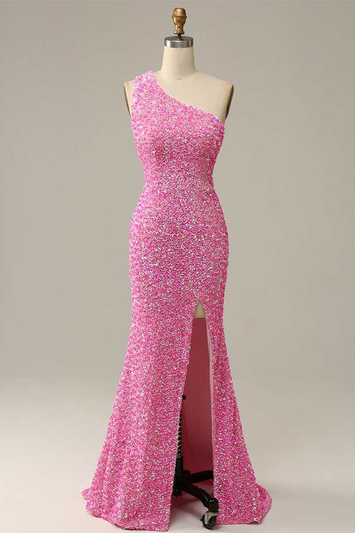 Pink Iridescent Sequin One-Shoulder Mermaid Long Formal Dress with Slit