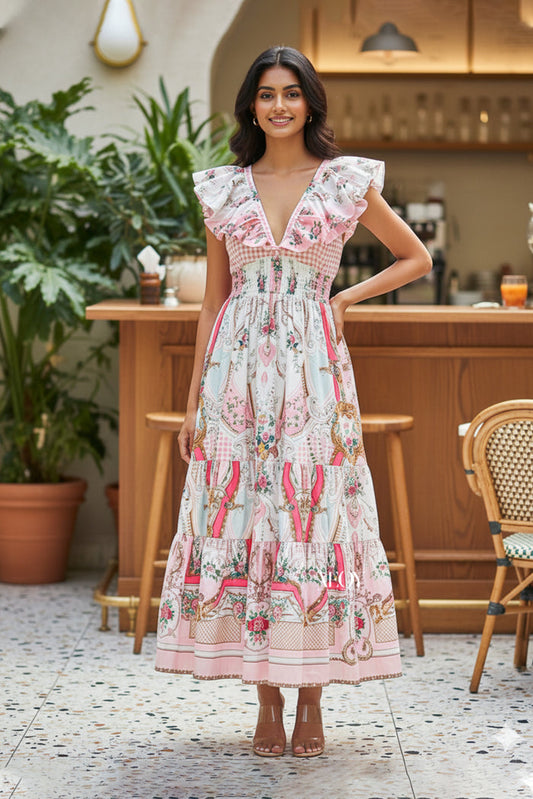 Pink print ruffle maxi dress