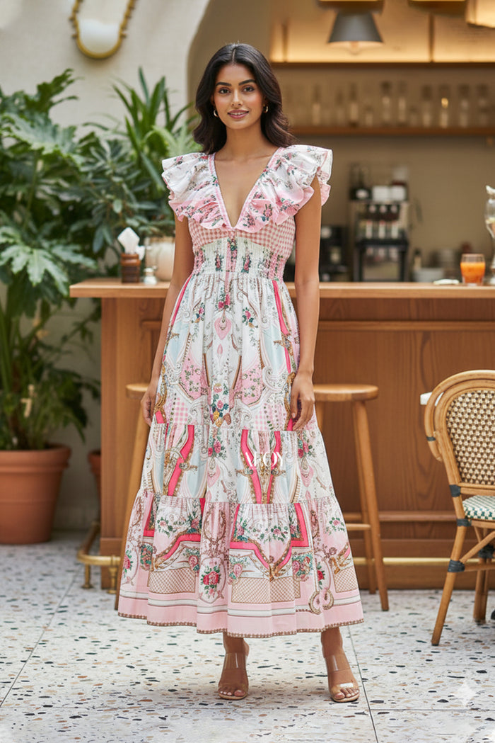 Printed pink maxi dress outfit