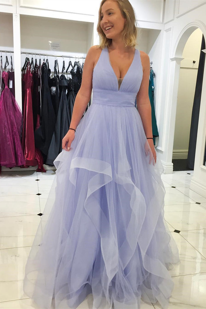 Pink Ruffled Long Prom Dress with Criss Cross Back