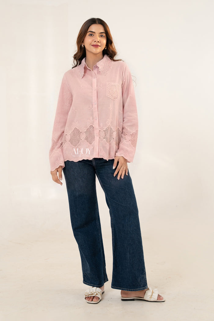 Pink schiffli cotton shirt women