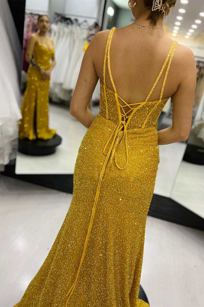 Pink Sequin Sweetheart Lace-Up Mermaid Long Prom Dress with Slit
