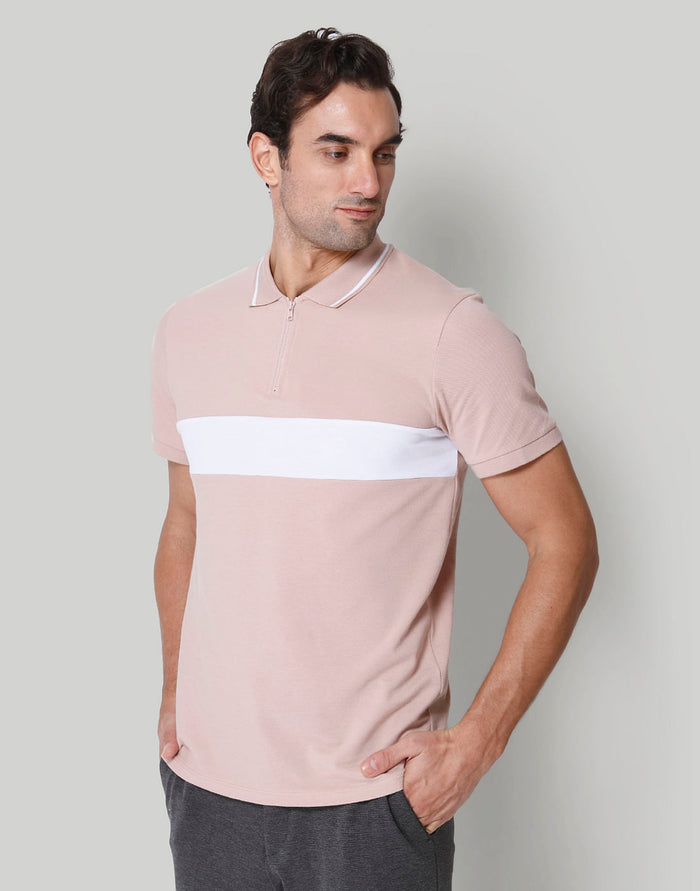 Pink  Striped Polo Neck T-Shirt