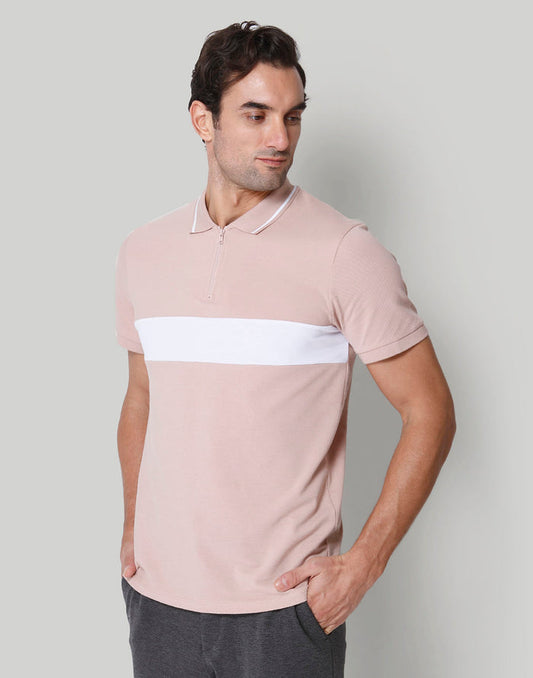 Pink  Striped Polo Neck T-Shirt