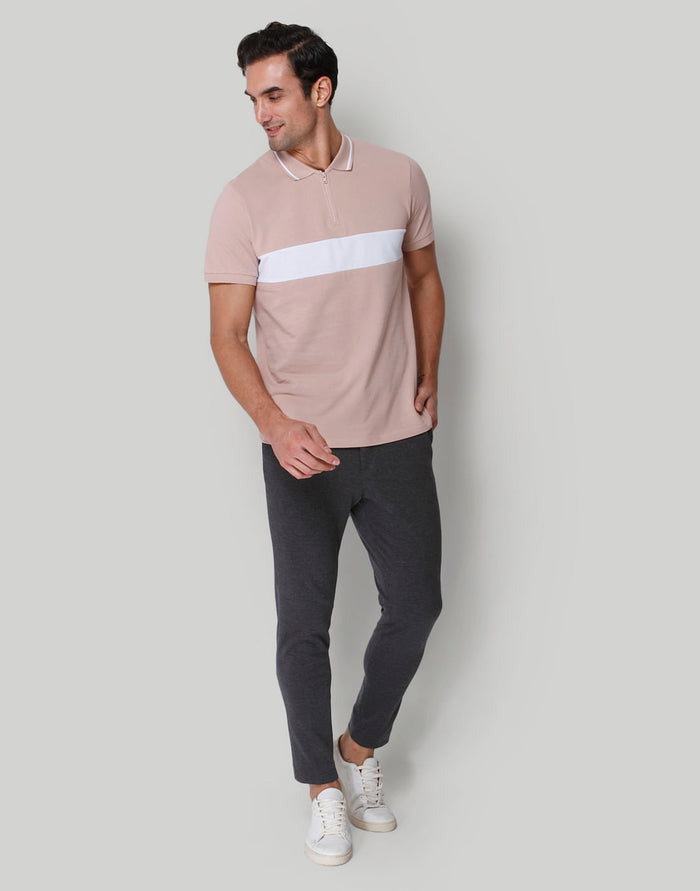Pink  Striped Polo Neck T-Shirt