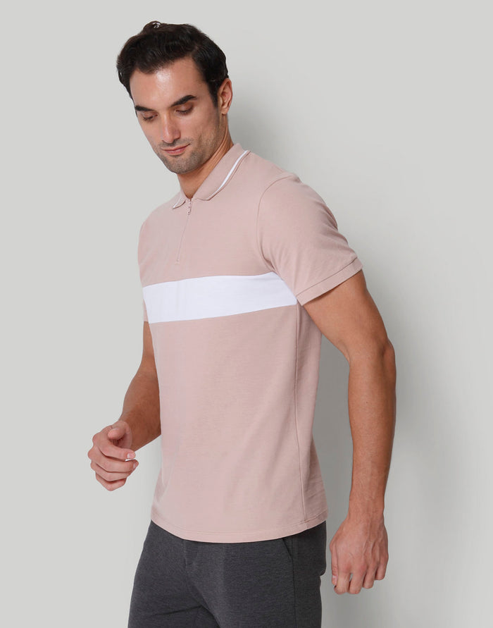 Pink  Striped Polo Neck T-Shirt