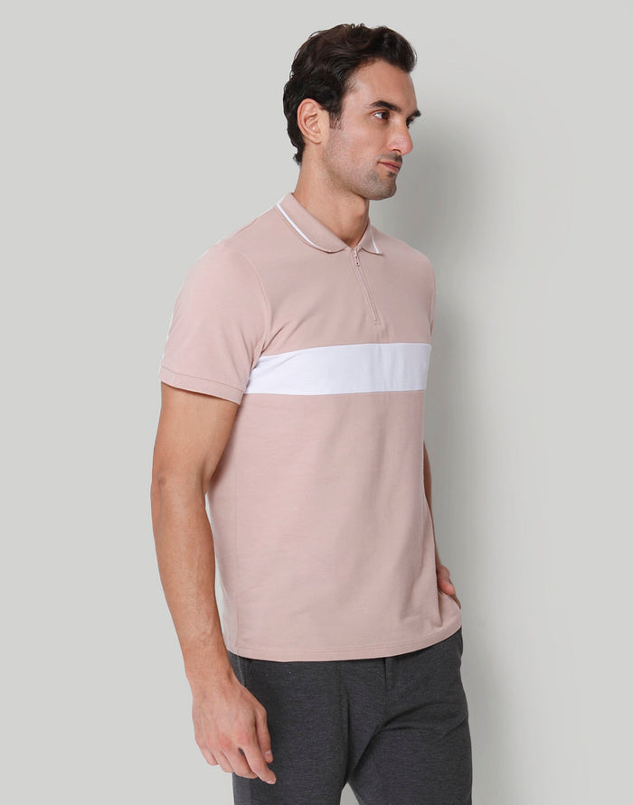 Pink  Striped Polo Neck T-Shirt