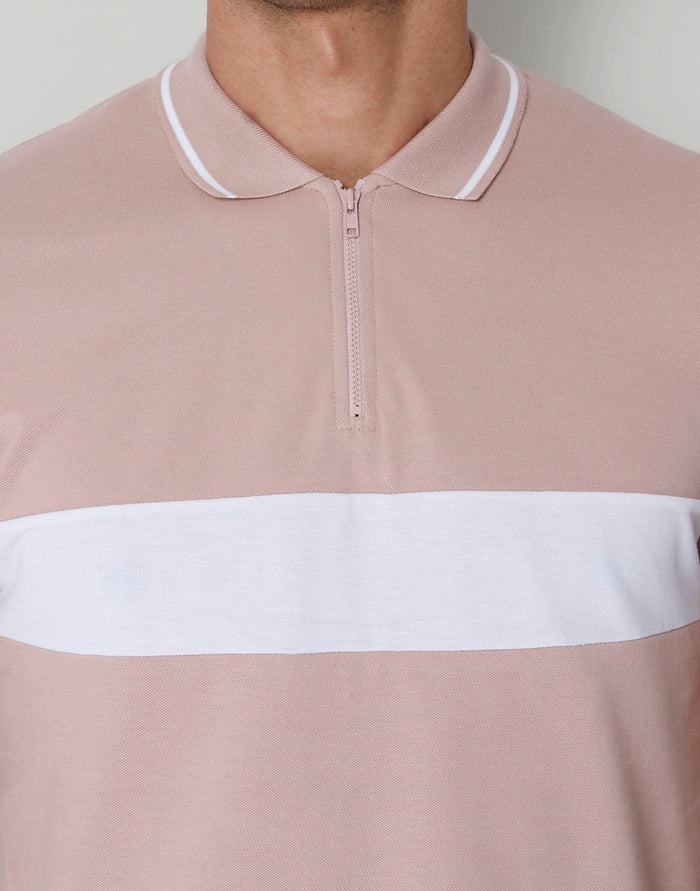 Pink  Striped Polo Neck T-Shirt