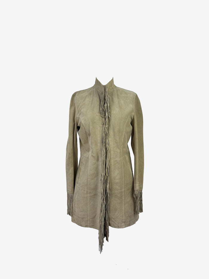 Please Trend soft dove grey suede with dramatic fringing