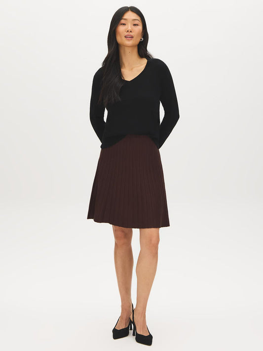 Brown Pleated Sweater Knit Mini Skirt - Woman Wearing Flippy Skirt with Pleats - Suzy Shier