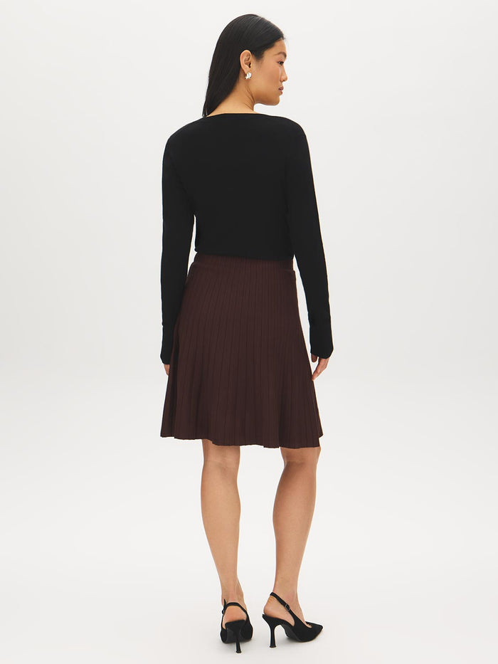 Brown Pleated Sweater Knit Mini Skirt - Back View - Suzy Shier