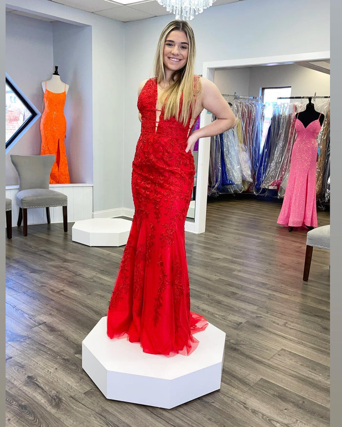 Plunge V Neck Lace Appliques Long Prom Dress