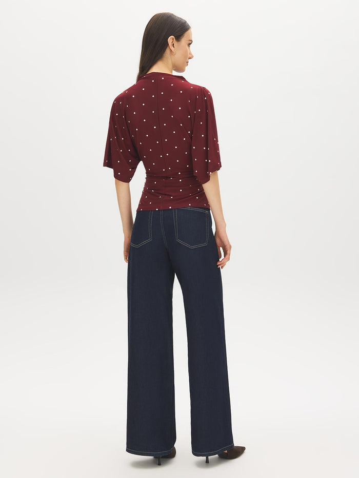 Zinfandel Polka Dot Funnel Neck Top with Kimono Sleeves - Back View - Suzy Shier